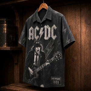 AC/DC Back in Black 1980 Hawaiian Shirt, Hard Rock Button Up, Brian Johnson Hells Bells Era