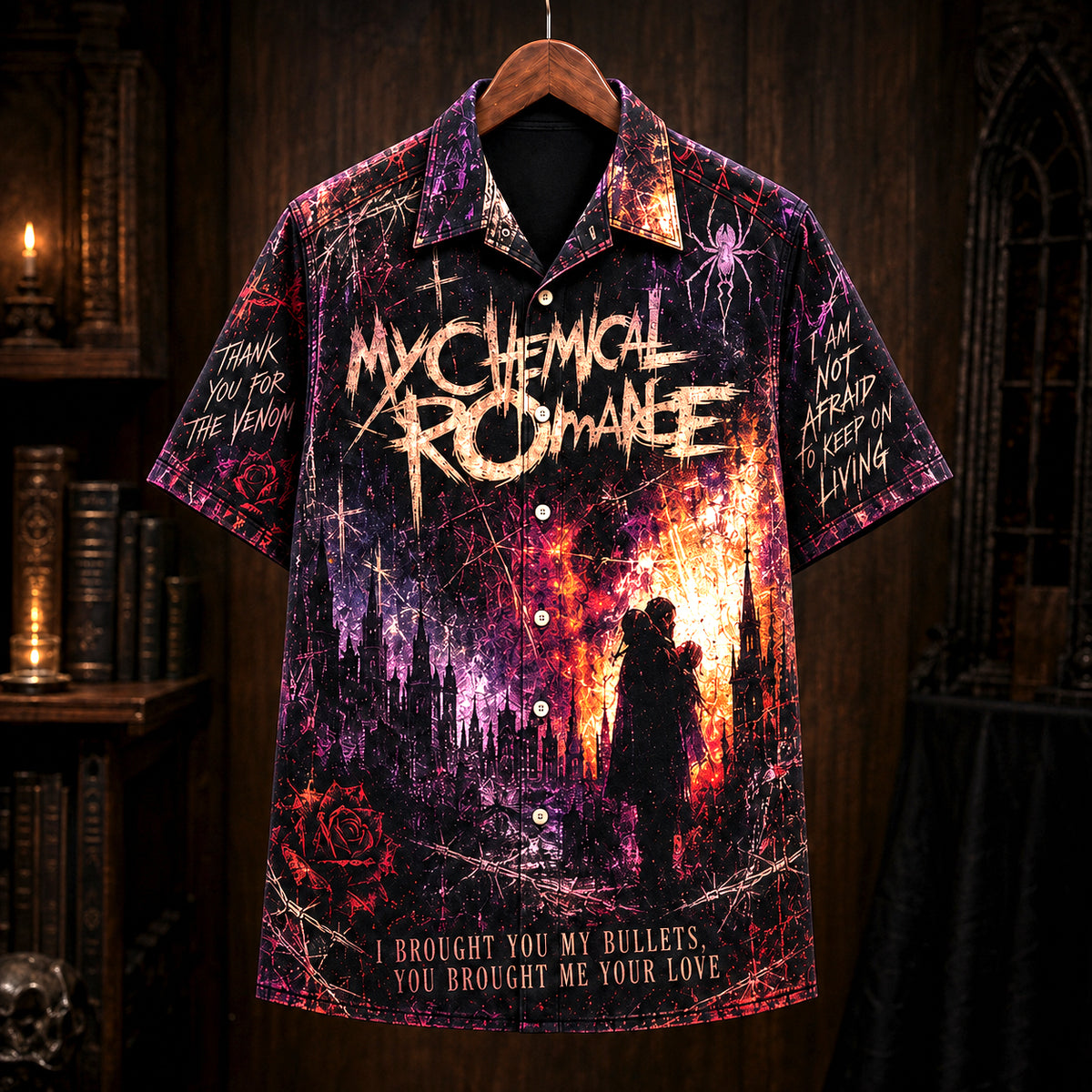 My Chemical Romance Bullets Hawaiian Shirt, 2002 Emo Rock Album Inspired Button Up, Gerard Way Vampires Era