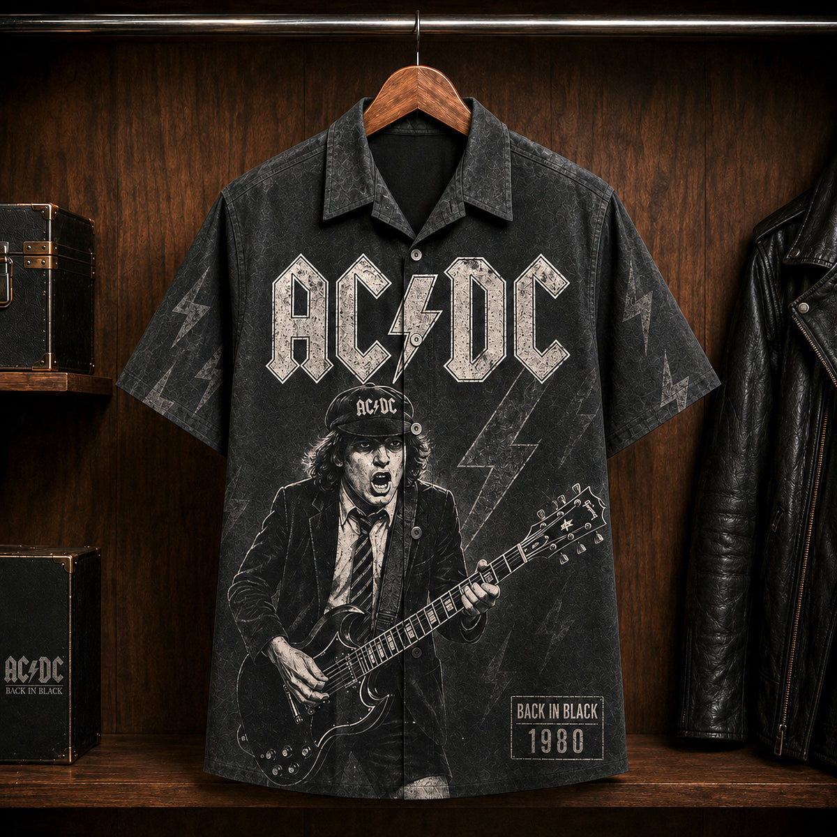 AC/DC Back in Black 1980 Hawaiian Shirt, Hard Rock Button Up, Brian Johnson Hells Bells Era