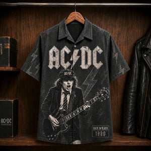 AC/DC Back in Black 1980 Hawaiian Shirt, Hard Rock Button Up, Brian Johnson Hells Bells Era