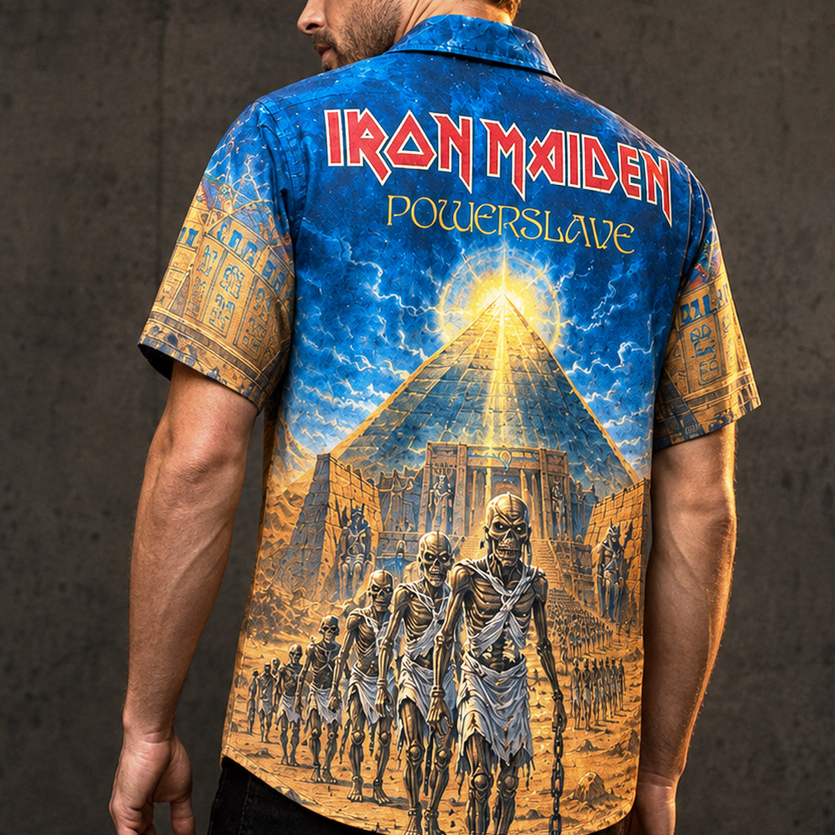 Iron Maiden Powerslave Hawaiian Shirt, 1984 Heavy Metal Button Up, Bruce Dickinson World Slavery Tour Era