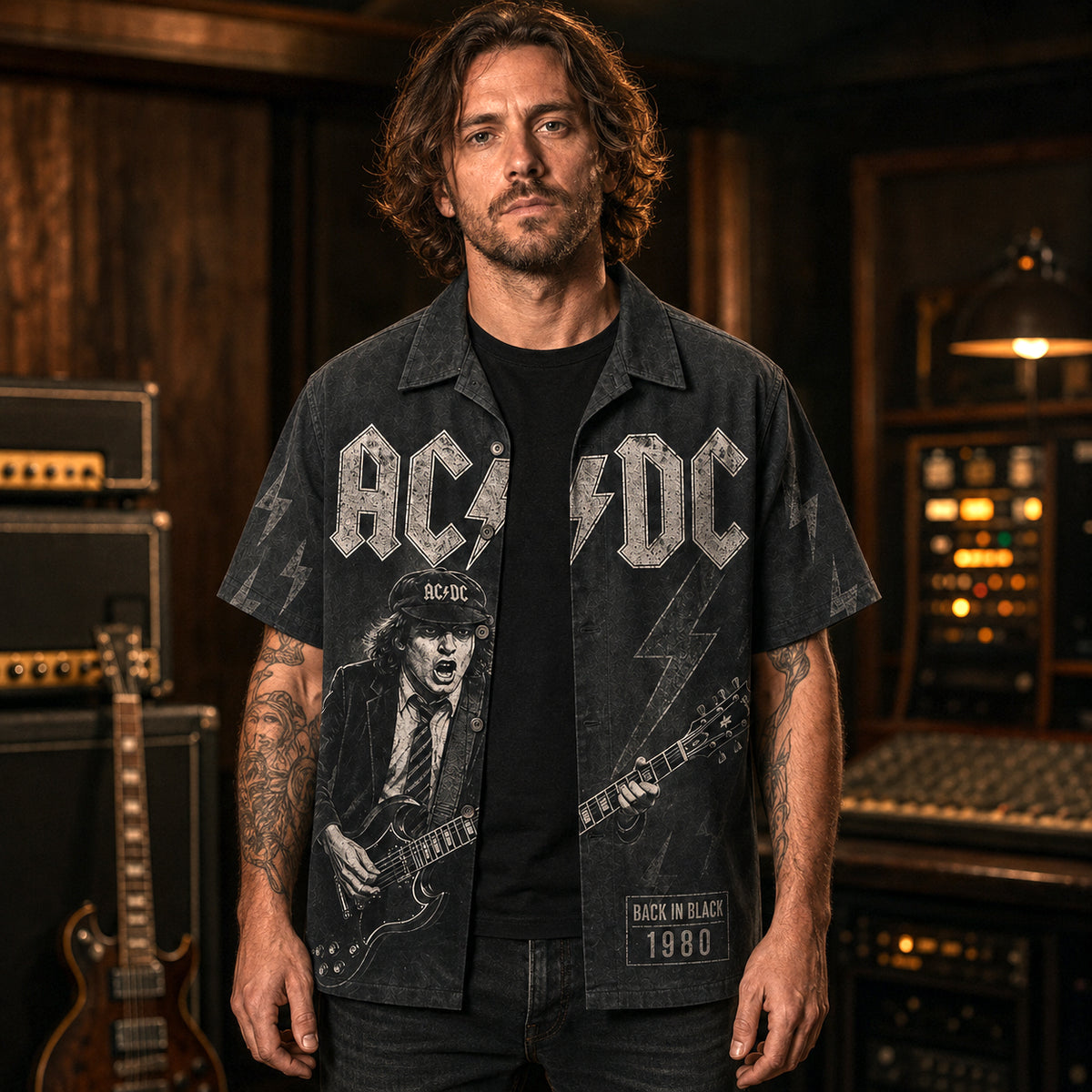 AC/DC Back in Black 1980 Hawaiian Shirt, Hard Rock Button Up, Brian Johnson Hells Bells Era
