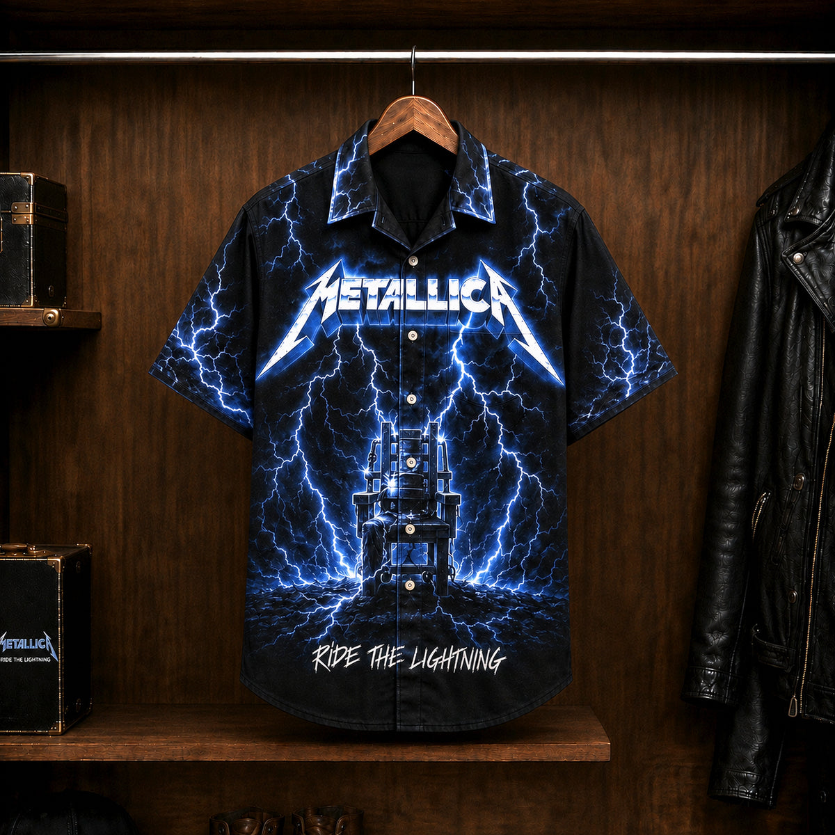 Metallica Ride the Lightning Hawaiian Shirt, 1984 Heavy Metal Button Up, Cliff Burton For Whom the Bell Tolls Era