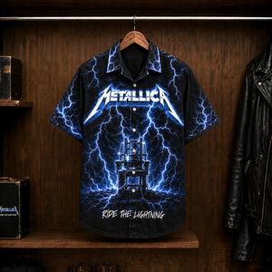 Metallica Ride the Lightning Hawaiian Shirt, 1984 Heavy Metal Button Up, Cliff Burton For Whom the Bell Tolls Era