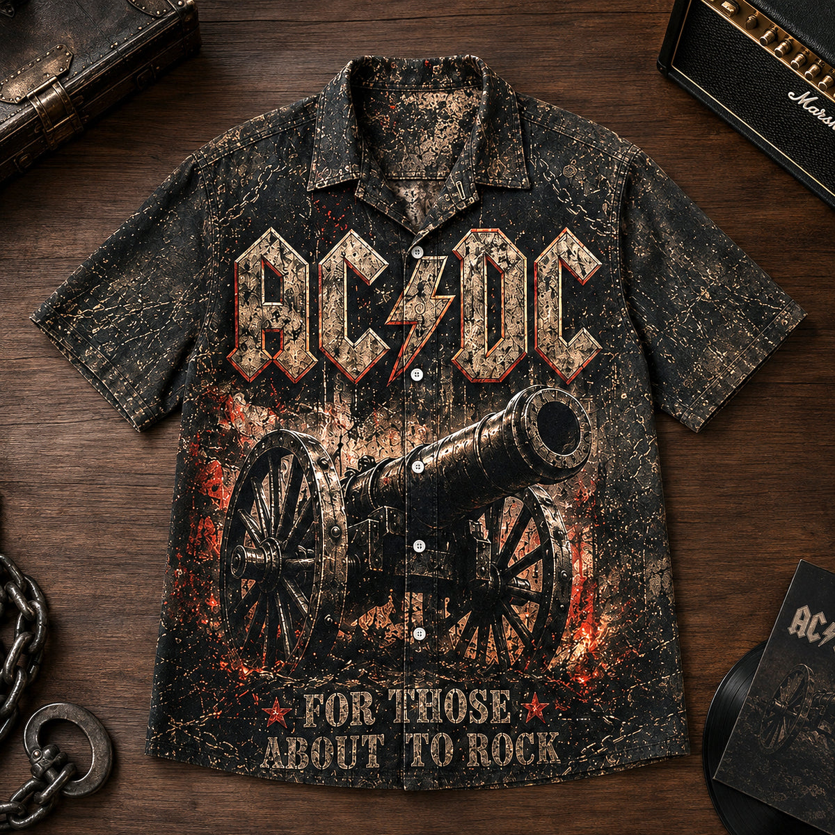 AC/DC For Those About to Rock Hawaiian Shirt, 1981 Hard Rock Button Up, Brian Johnson 1981 Tour Era