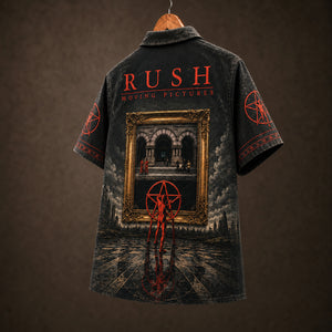 Rush Moving Pictures Hawaiian Shirt, 1981 Progressive Rock Button Up, Geddy Lee Tom Sawyer Era