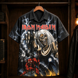 Iron Maiden The Number of the Beast Hawaiian Shirt, 1982 Heavy Metal Button Up, Bruce Dickinson Run to the Hills Era