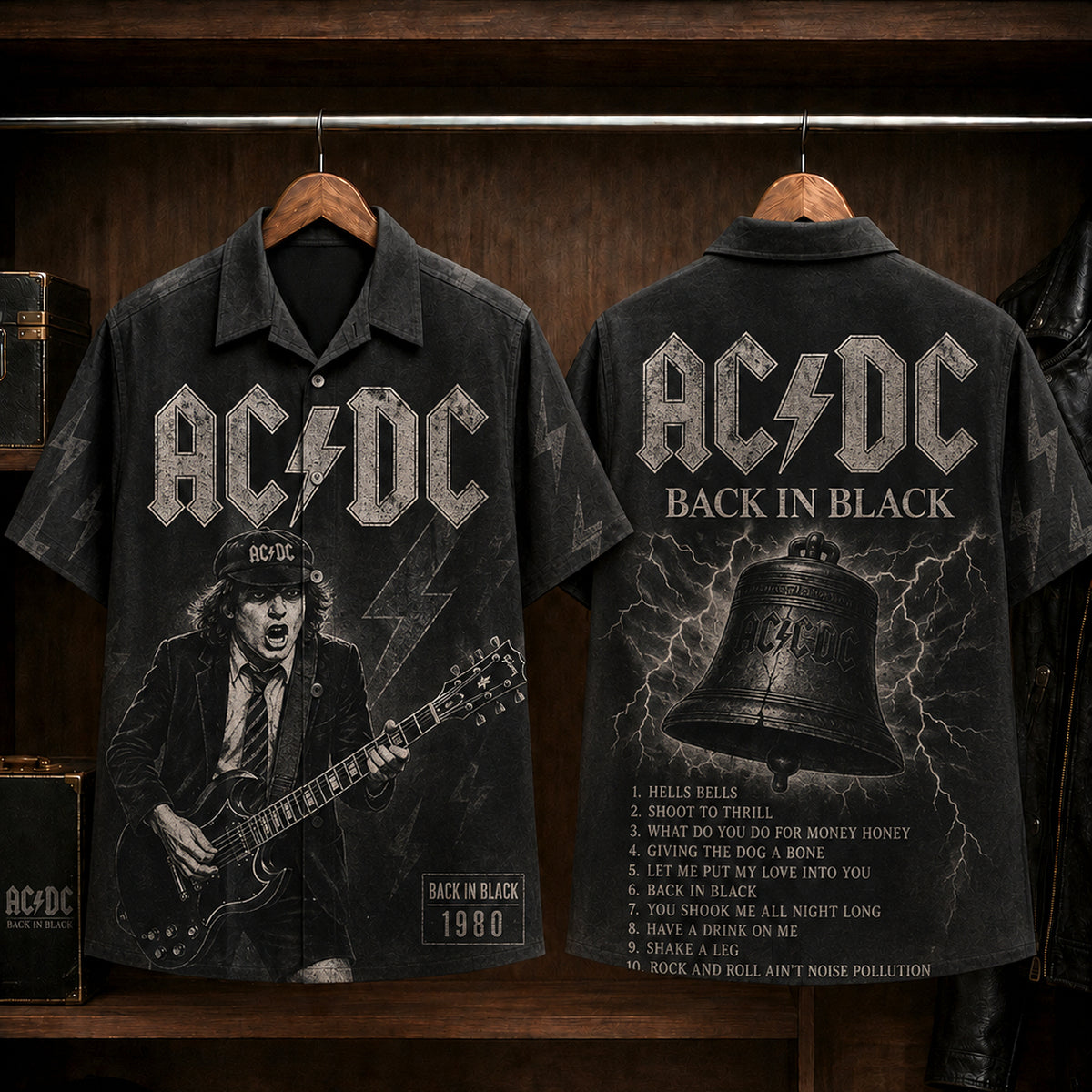 AC/DC Back in Black 1980 Hawaiian Shirt, Hard Rock Button Up, Brian Johnson Hells Bells Era
