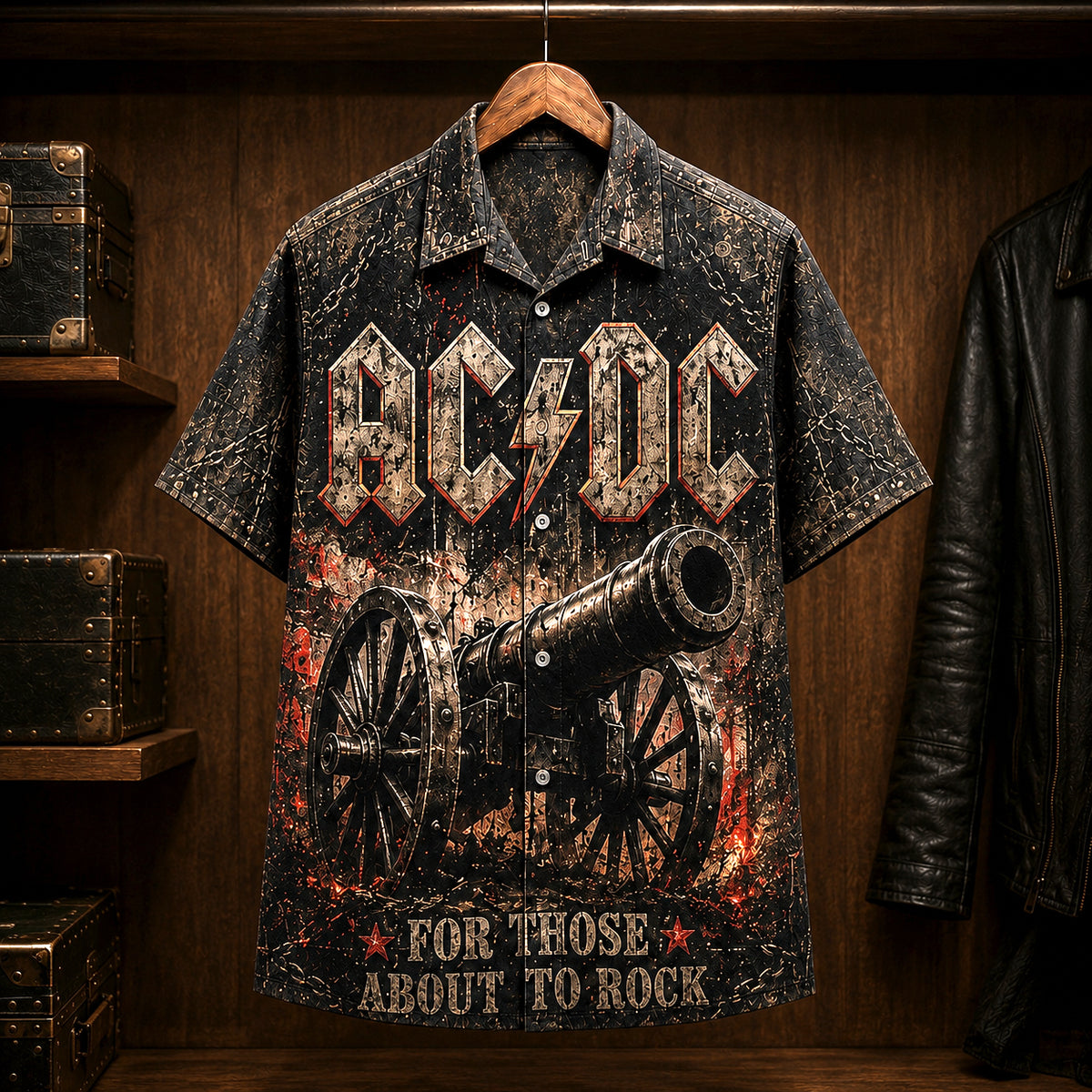 AC/DC For Those About to Rock Hawaiian Shirt, 1981 Hard Rock Button Up, Brian Johnson 1981 Tour Era