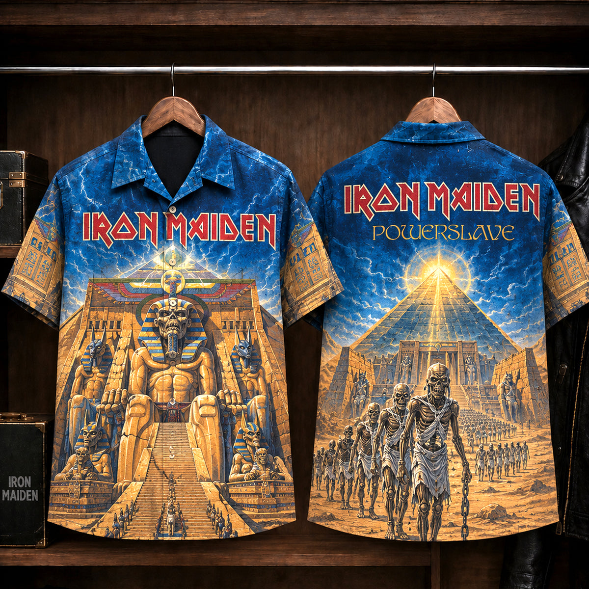 Iron Maiden Powerslave Hawaiian Shirt, 1984 Heavy Metal Button Up, Bruce Dickinson World Slavery Tour Era
