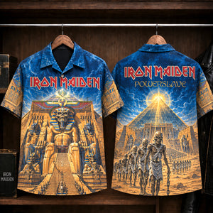 Iron Maiden Powerslave Hawaiian Shirt, 1984 Heavy Metal Button Up, Bruce Dickinson World Slavery Tour Era