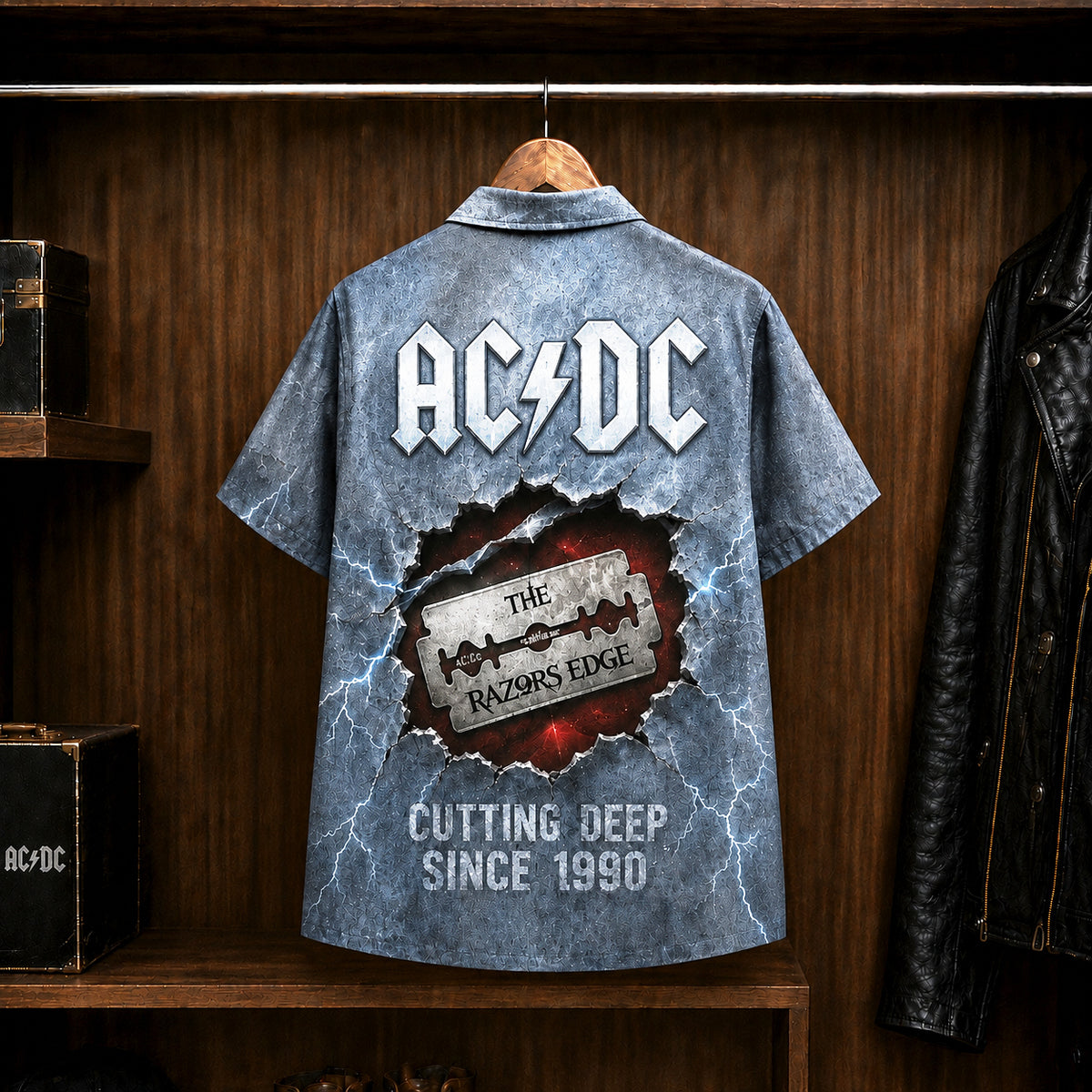 AC/DC The Razors Edge 1990 Hawaiian Shirt, Hard Rock Button Up, Brian Johnson Thunderstruck Era