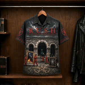 Rush Moving Pictures Hawaiian Shirt, 1981 Progressive Rock Button Up, Geddy Lee Tom Sawyer Era