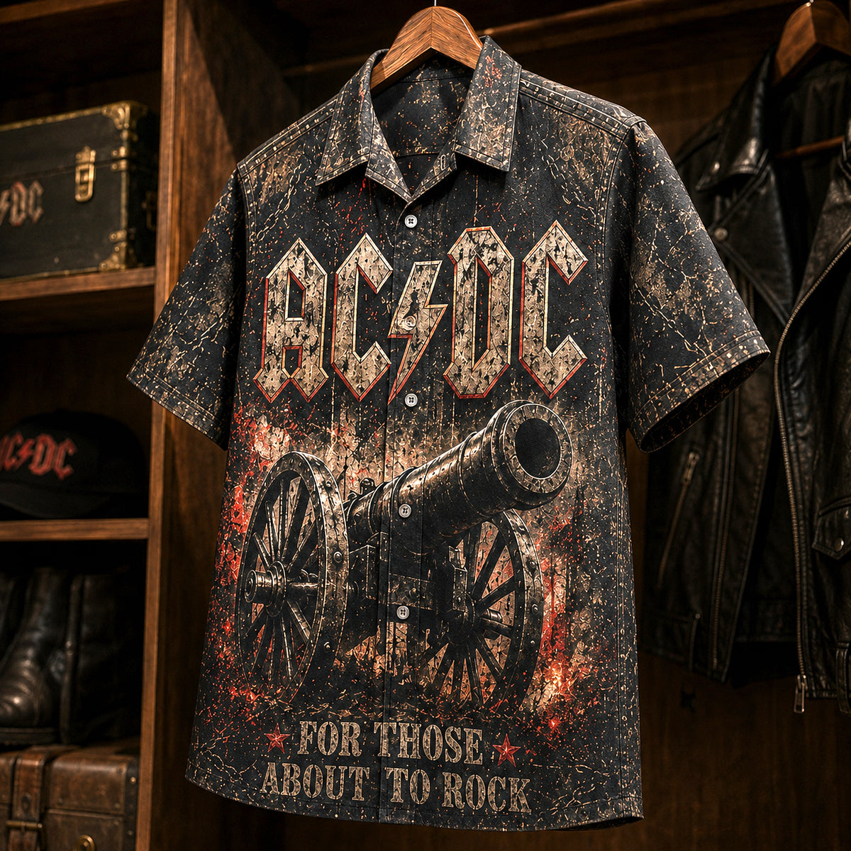 AC/DC For Those About to Rock Hawaiian Shirt, 1981 Hard Rock Button Up, Brian Johnson 1981 Tour Era