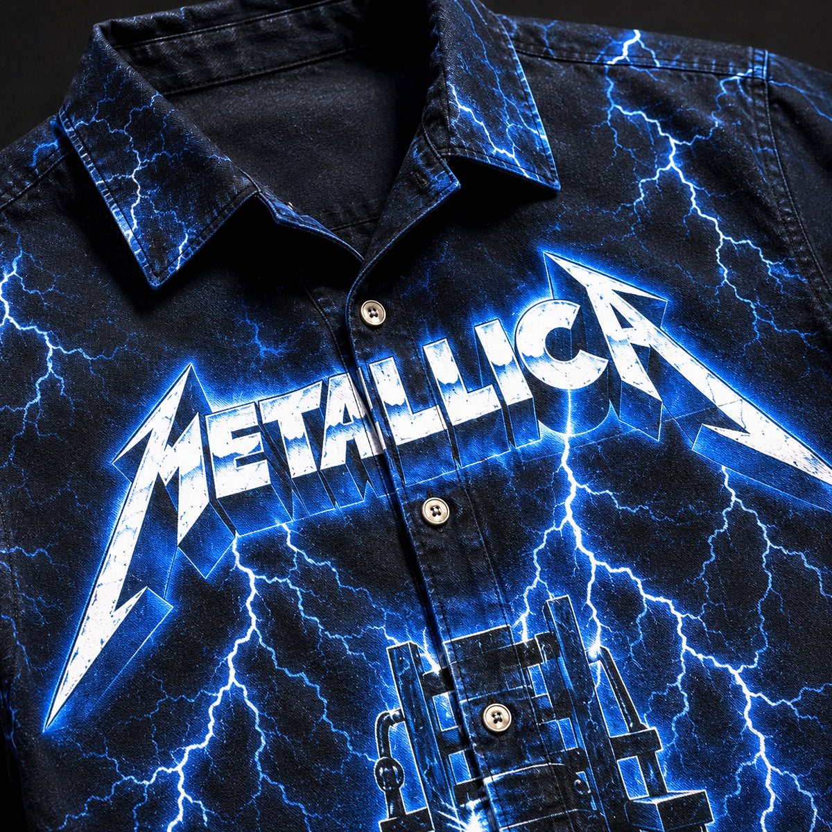 Metallica Ride the Lightning Hawaiian Shirt, 1984 Heavy Metal Button Up, Cliff Burton For Whom the Bell Tolls Era