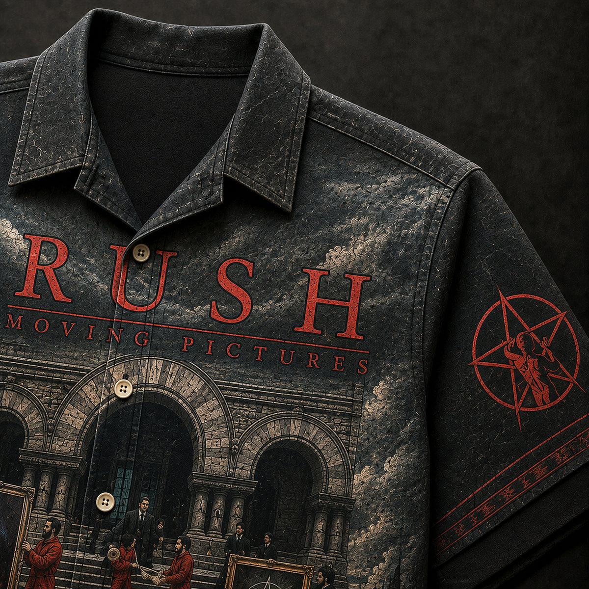 Rush Moving Pictures Hawaiian Shirt, 1981 Progressive Rock Button Up, Geddy Lee Tom Sawyer Era