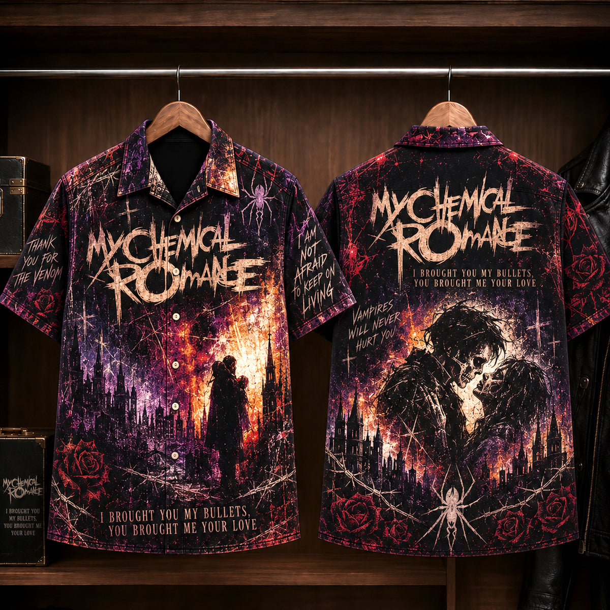 My Chemical Romance Bullets Hawaiian Shirt, 2002 Emo Rock Album Inspired Button Up, Gerard Way Vampires Era