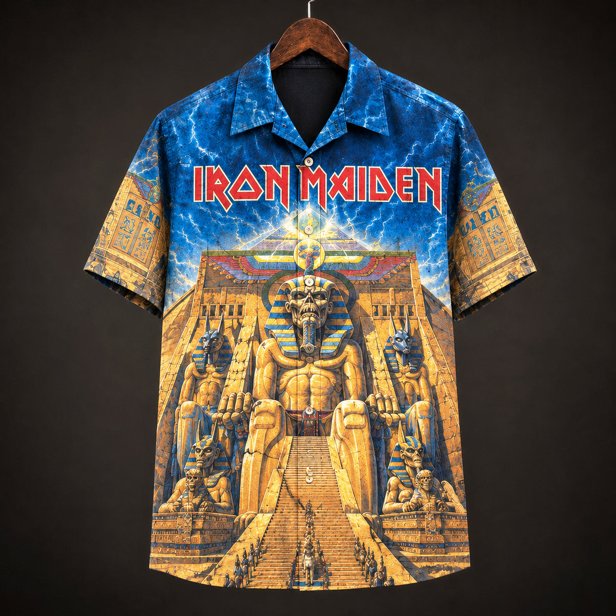 Iron Maiden Powerslave Hawaiian Shirt, 1984 Heavy Metal Button Up, Bruce Dickinson World Slavery Tour Era