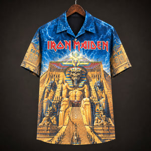 Iron Maiden Powerslave Hawaiian Shirt, 1984 Heavy Metal Button Up, Bruce Dickinson World Slavery Tour Era