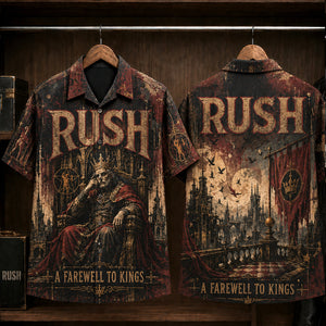 Rush A Farewell to Kings Hawaiian Shirt, 1977 Progressive Rock Button Up, Neil Peart Closer to the Heart Era