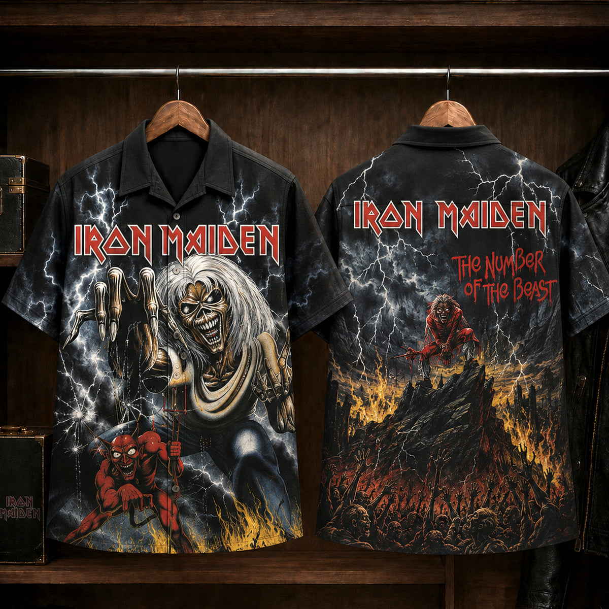 Iron Maiden The Number of the Beast Hawaiian Shirt, 1982 Heavy Metal Button Up, Bruce Dickinson Run to the Hills Era