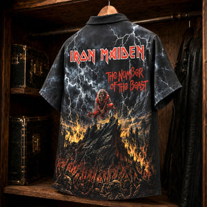 Iron Maiden The Number of the Beast Hawaiian Shirt, 1982 Heavy Metal Button Up, Bruce Dickinson Run to the Hills Era