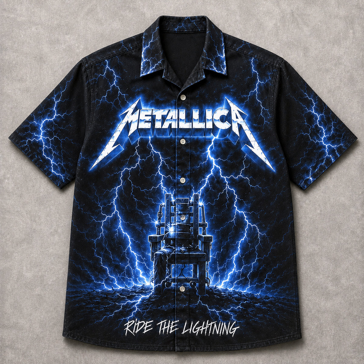 Metallica Ride the Lightning Hawaiian Shirt, 1984 Heavy Metal Button Up, Cliff Burton For Whom the Bell Tolls Era