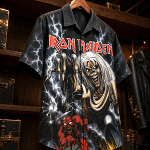 Iron Maiden The Number of the Beast Hawaiian Shirt, 1982 Heavy Metal Button Up, Bruce Dickinson Run to the Hills Era