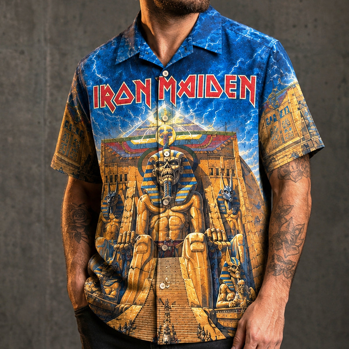 Iron Maiden Powerslave Hawaiian Shirt, 1984 Heavy Metal Button Up, Bruce Dickinson World Slavery Tour Era