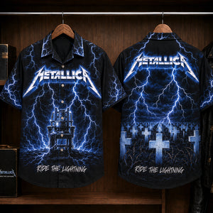 Metallica Ride the Lightning Hawaiian Shirt, 1984 Heavy Metal Button Up, Cliff Burton For Whom the Bell Tolls Era
