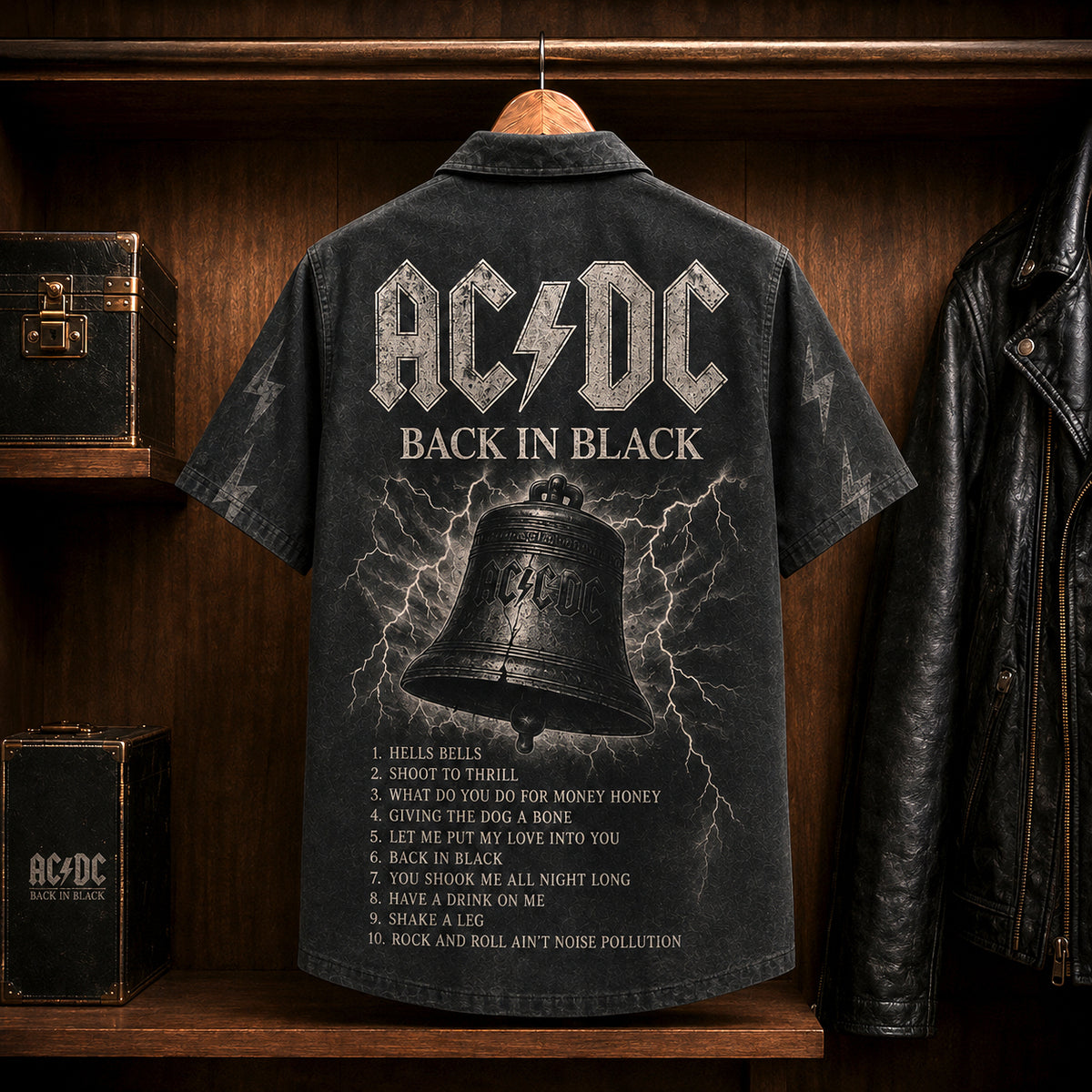 AC/DC Back in Black 1980 Hawaiian Shirt, Hard Rock Button Up, Brian Johnson Hells Bells Era