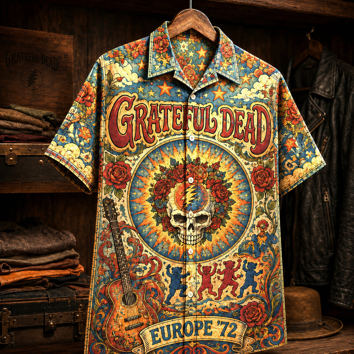Grateful Dead Europe '72 Hawaiian Shirt, Psychedelic Rock Button Up, Europe 72 Tour Jerry Garcia Era