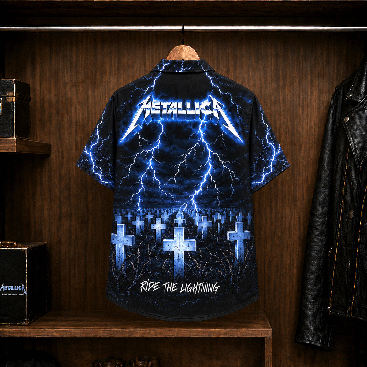 Metallica Ride the Lightning Hawaiian Shirt, 1984 Heavy Metal Button Up, Cliff Burton For Whom the Bell Tolls Era