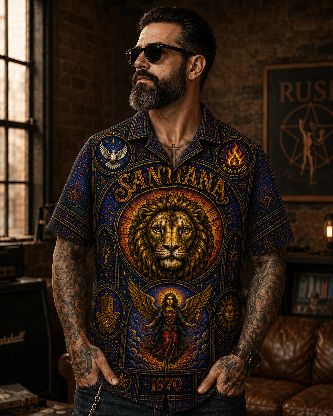 Santana Inspired Stained Glass Hawaiian Shirt, Abraxas Latin Rock Button Up, Black Magic Woman Fan Gift