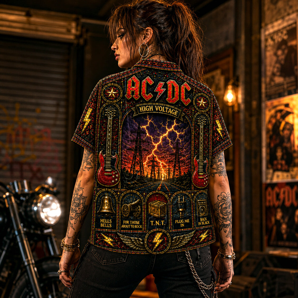AC/DC High Voltage Stained Glass Hawaiian Shirt, Iconic Music Artwork Button Up, Rock Culture Fan Gift