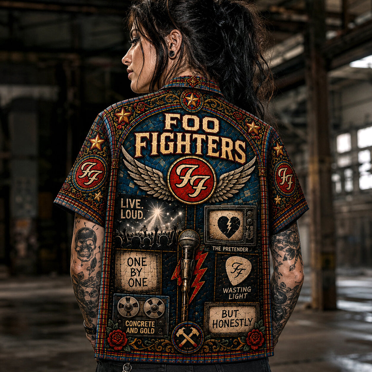 Foo Fighters Stained Glass Hawaiian Shirt, Everlong Alternative Rock Button Up, The Pretender Music Fan Gift