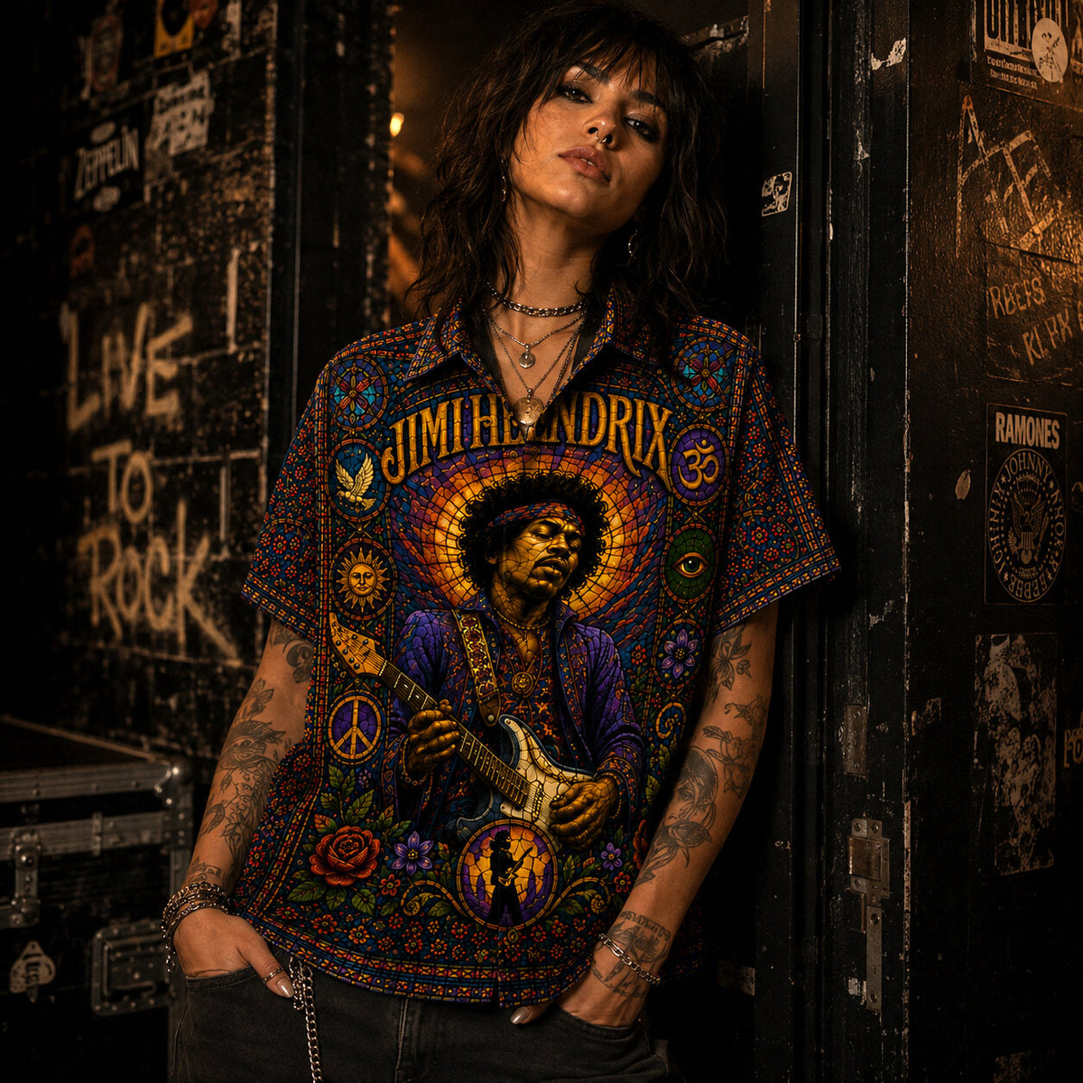 Jimi Hendrix Stained Glass Hawaiian Shirt, Voodoo Child Psychedelic Button Up, Purple Haze Guitar Fan Gift
