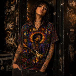 Jimi Hendrix Stained Glass Hawaiian Shirt, Voodoo Child Psychedelic Button Up, Purple Haze Guitar Fan Gift