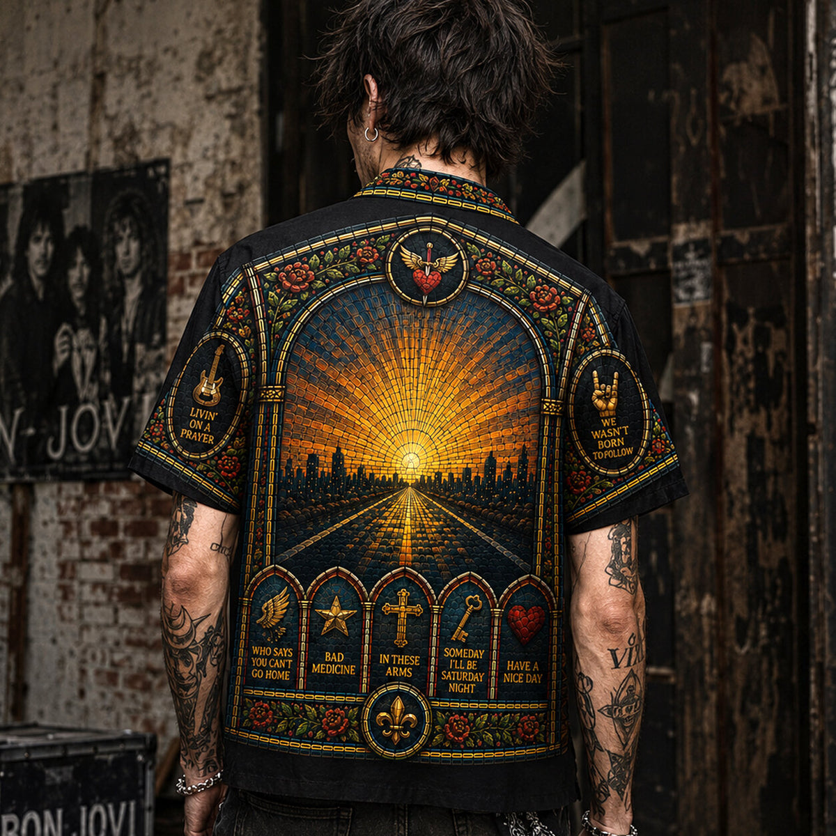 Bon Jovi Stained Glass Hawaiian Shirt, Slippery When Wet Rock Button Up, Livin on a Prayer Fan Gift