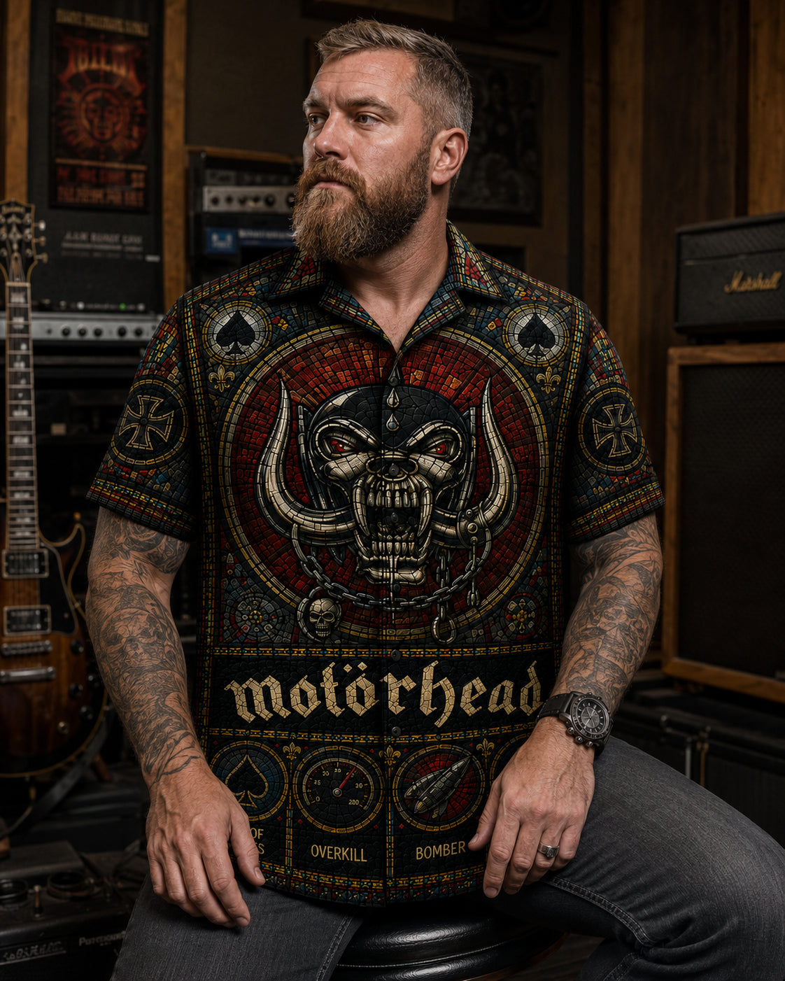 Motorhead Stained Glass Hawaiian Shirt, Ace of Spades Speed Rock Button Up, Lemmy Classic Metal Fan Gift