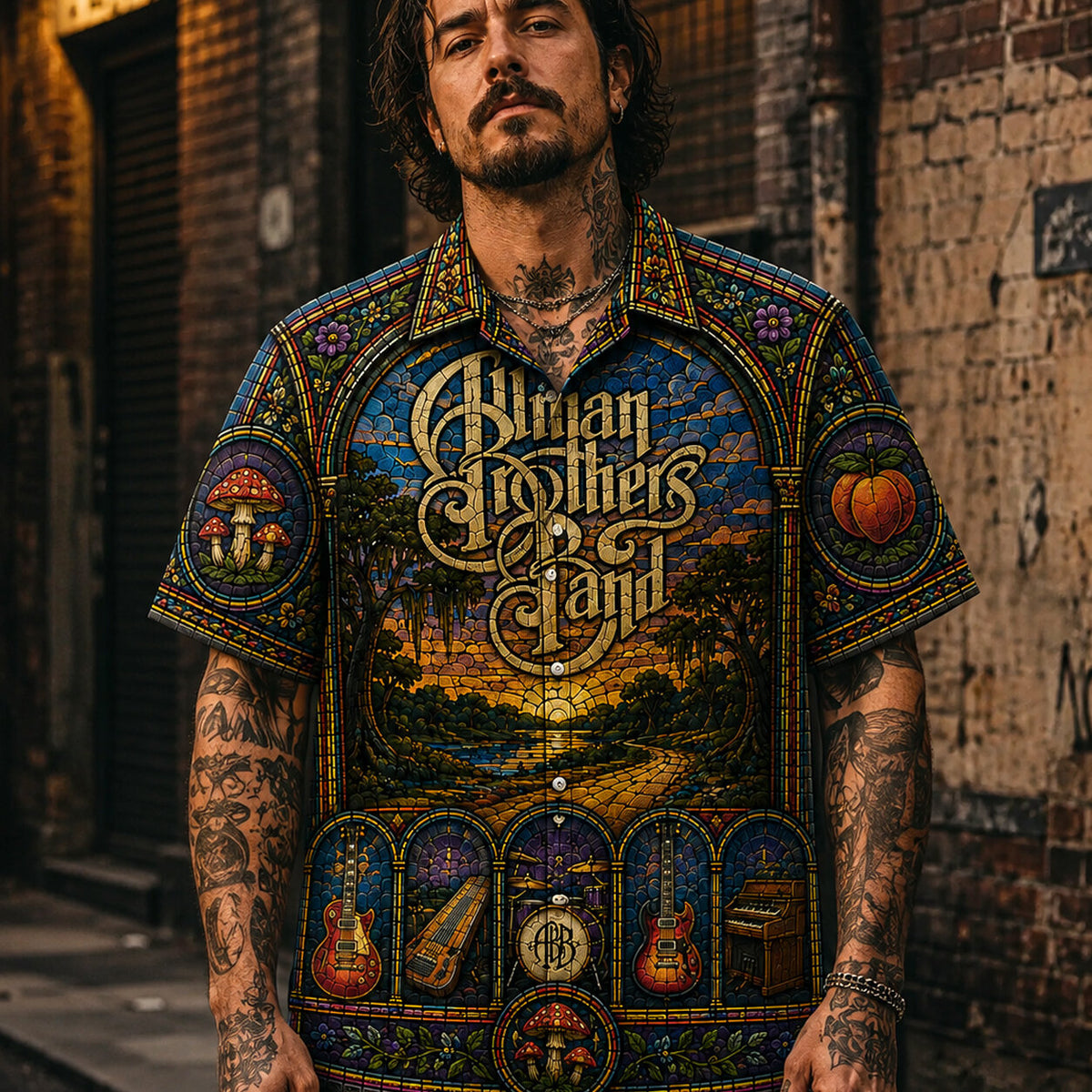 Allman Brothers Band Stained Glass Hawaiian Shirt, Ramblin Man Southern Rock Button Up, Fillmore Jam Music Fan Gift