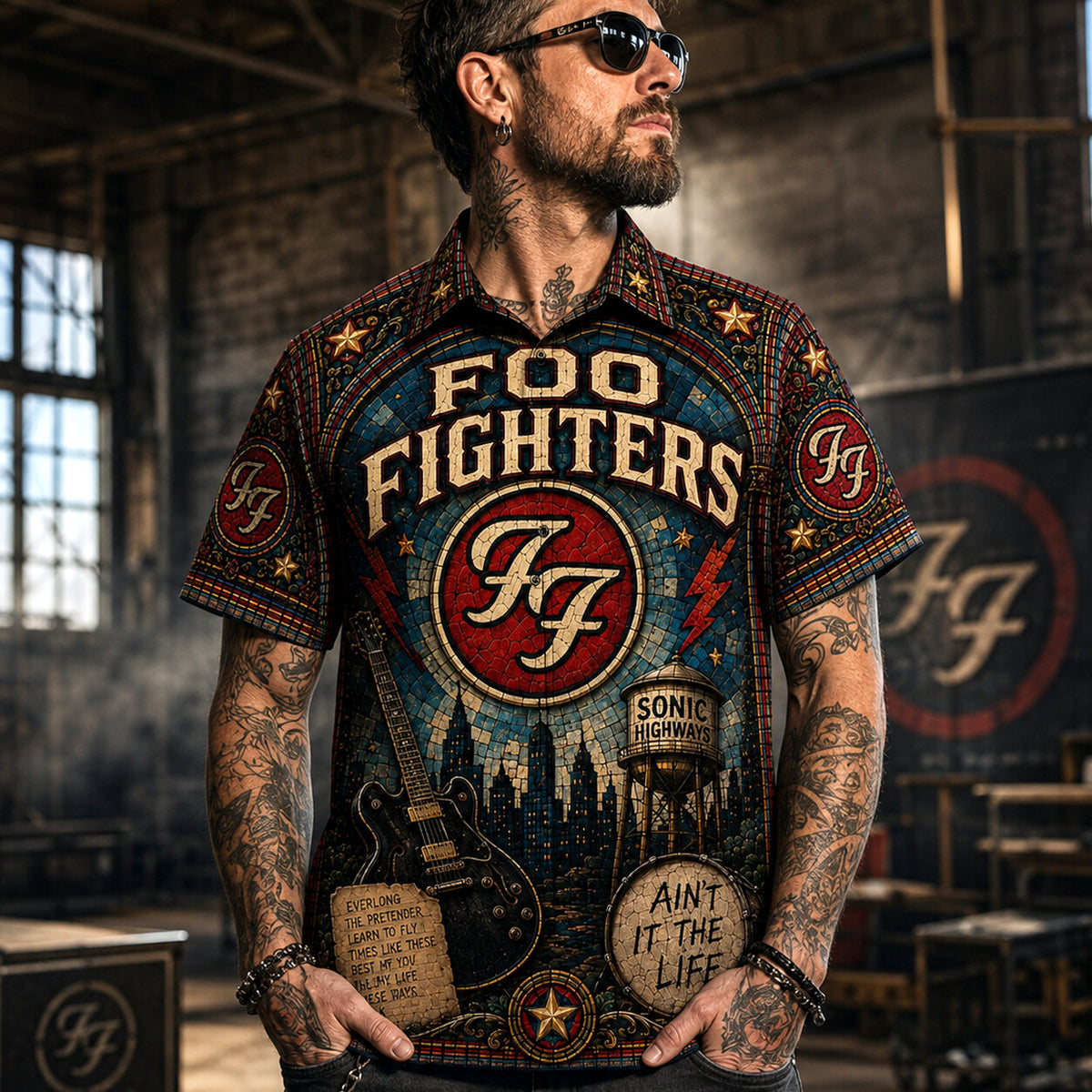 Foo Fighters Stained Glass Hawaiian Shirt, Everlong Alternative Rock Button Up, The Pretender Music Fan Gift
