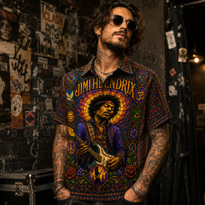 Jimi Hendrix Stained Glass Hawaiian Shirt, Voodoo Child Psychedelic Button Up, Purple Haze Guitar Fan Gift
