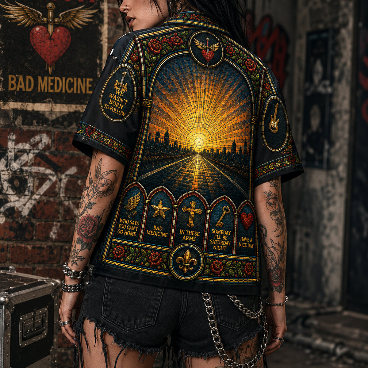 Bon Jovi Stained Glass Hawaiian Shirt, Slippery When Wet Rock Button Up, Livin on a Prayer Fan Gift