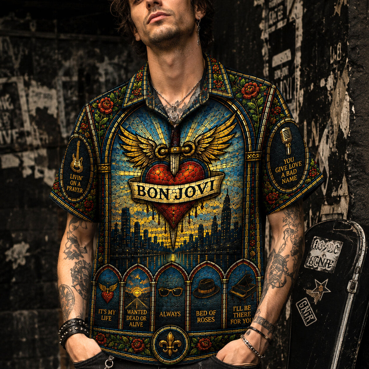 Bon Jovi Stained Glass Hawaiian Shirt, Slippery When Wet Rock Button Up, Livin on a Prayer Fan Gift