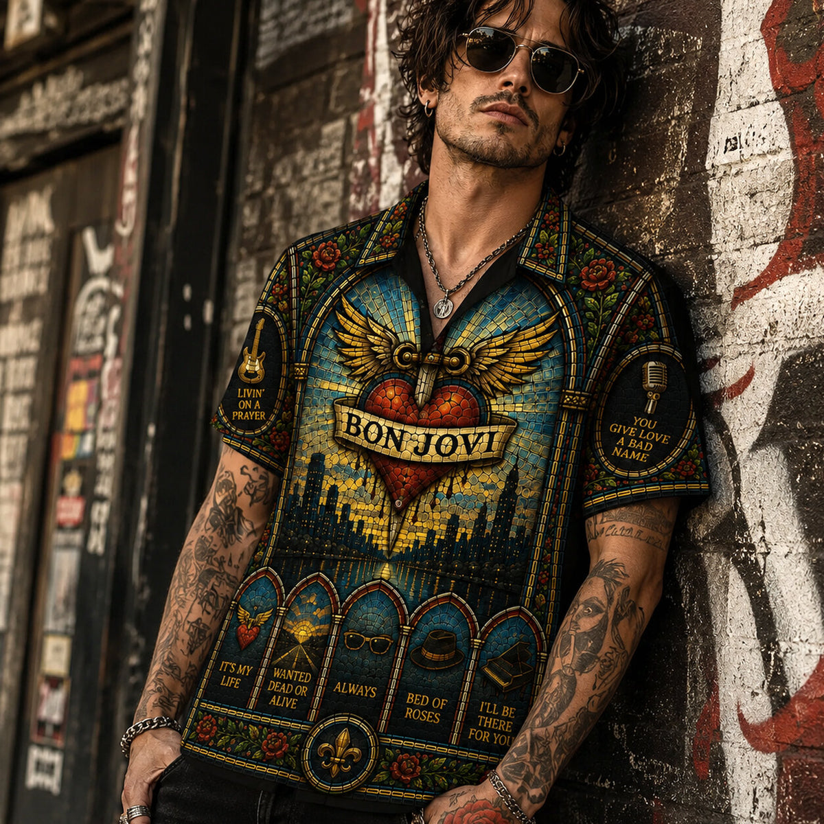 Bon Jovi Stained Glass Hawaiian Shirt, Slippery When Wet Rock Button Up, Livin on a Prayer Fan Gift