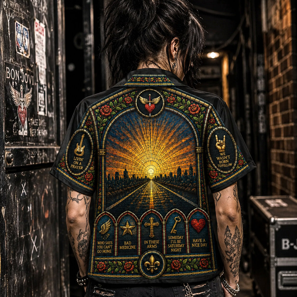 Bon Jovi Stained Glass Hawaiian Shirt, Slippery When Wet Rock Button Up, Livin on a Prayer Fan Gift