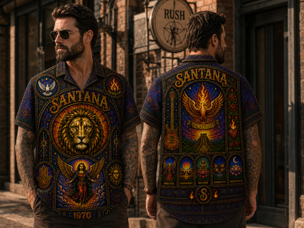 Santana Inspired Stained Glass Hawaiian Shirt, Abraxas Latin Rock Button Up, Black Magic Woman Fan Gift