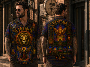Santana Inspired Stained Glass Hawaiian Shirt, Abraxas Latin Rock Button Up, Black Magic Woman Fan Gift