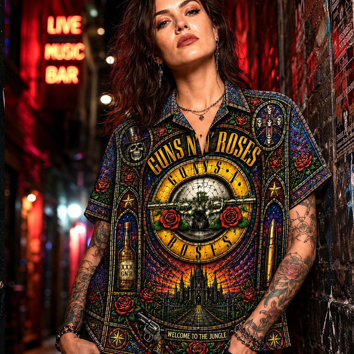 Guns N' Roses Stained Glass Hawaiian Shirt, Appetite for Destruction Button Up, Paradise City Rock Fan Gift